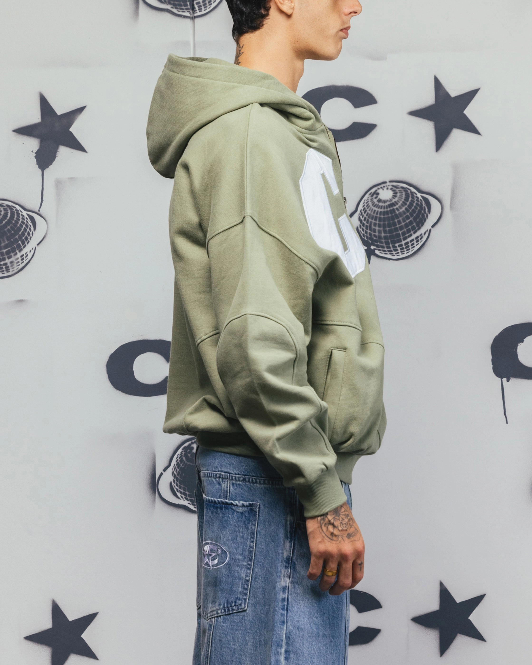 Weighted Hem Layered Look Carre Legacy Panelled Zip Hoodie Green