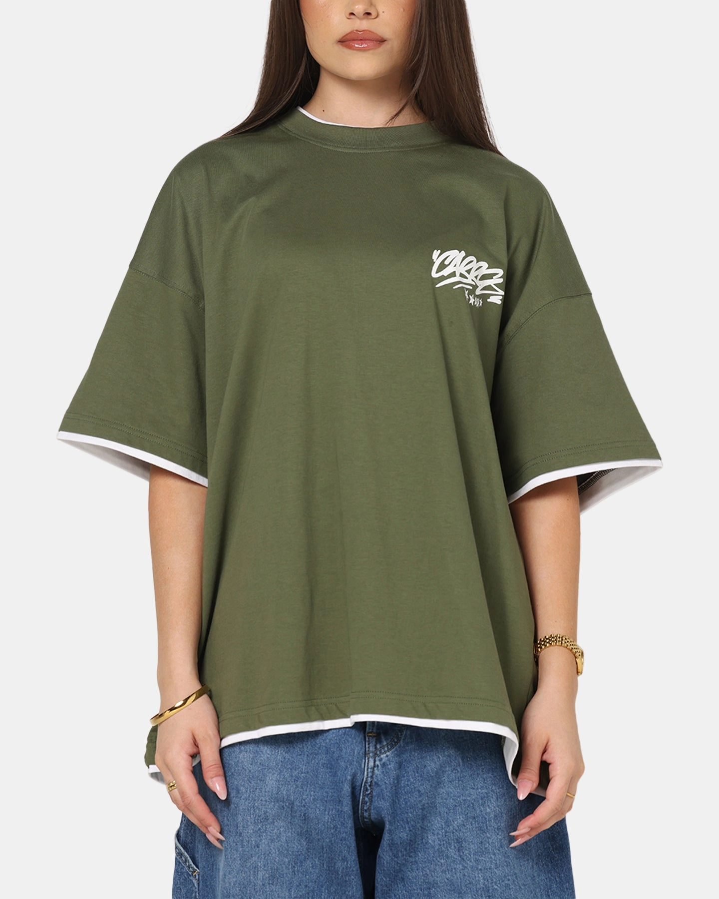 Fashionable Fit Carre Motion Layered T-Shirt Green/White
