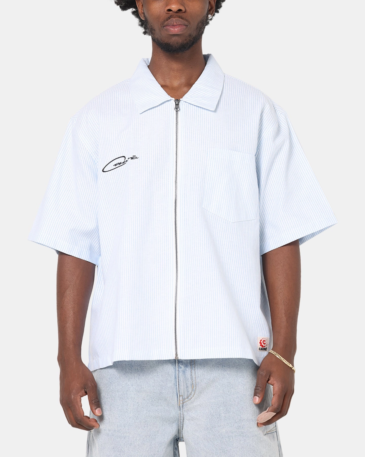 Carre Oxford Stripe Zip Up Shirt Blue/White Stripe GarmentDyed AllDay Comfort