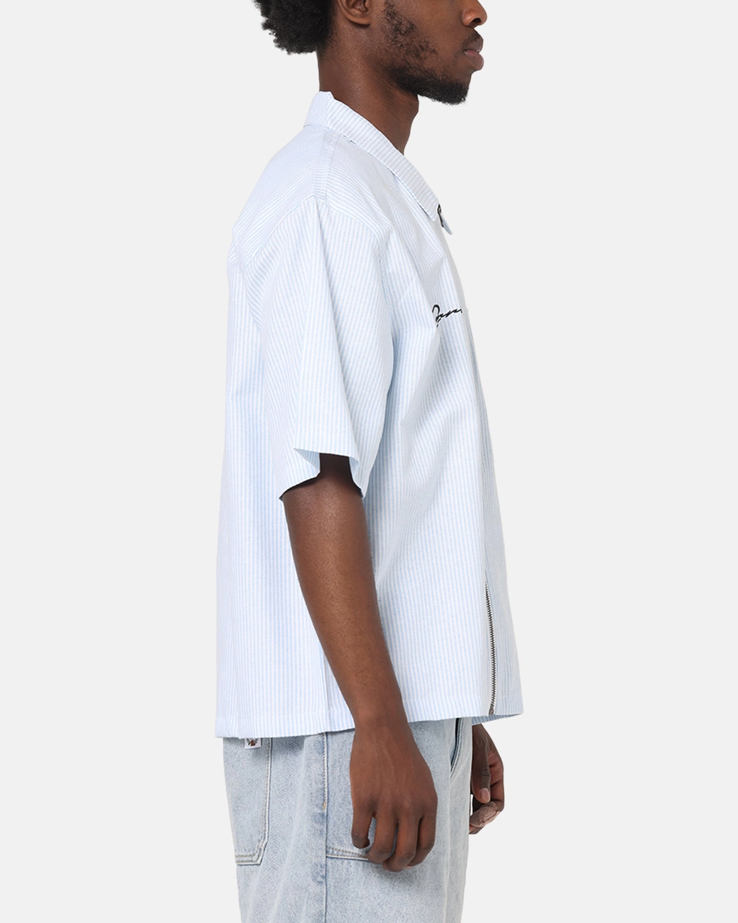 Microfiber Material Carre Oxford Stripe Zip Up Shirt Blue/White Stripe