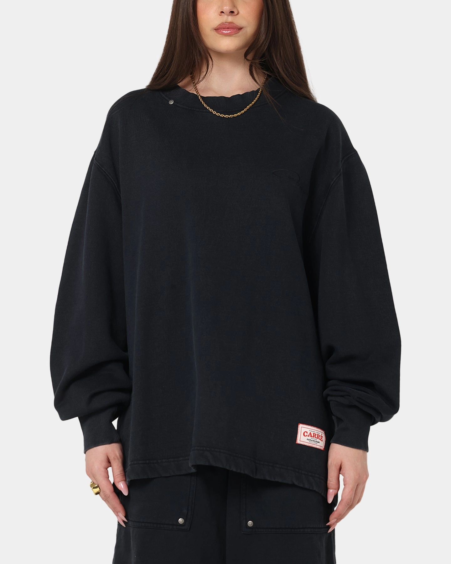 DoubleLayered Collar Carre Rivet Crewneck Charcoal