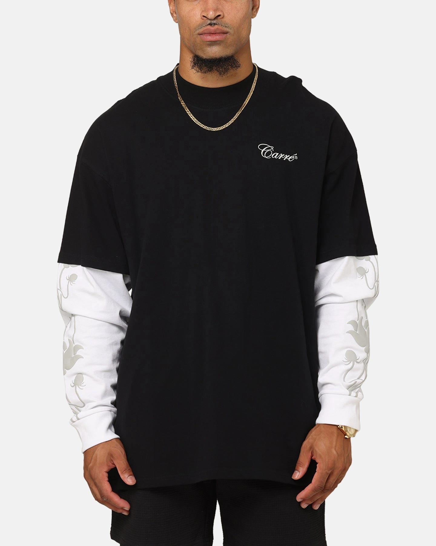 Carre Rosebowl Layered Long Sleeve T-Shirt Black/White SoftTouchFinish Self Fabric Tie Closure