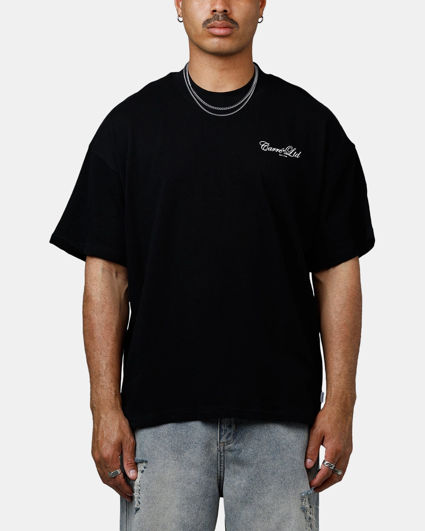 Carre Side Script Oversized T-Shirt Black/White FourWayStretch Interlock Weave