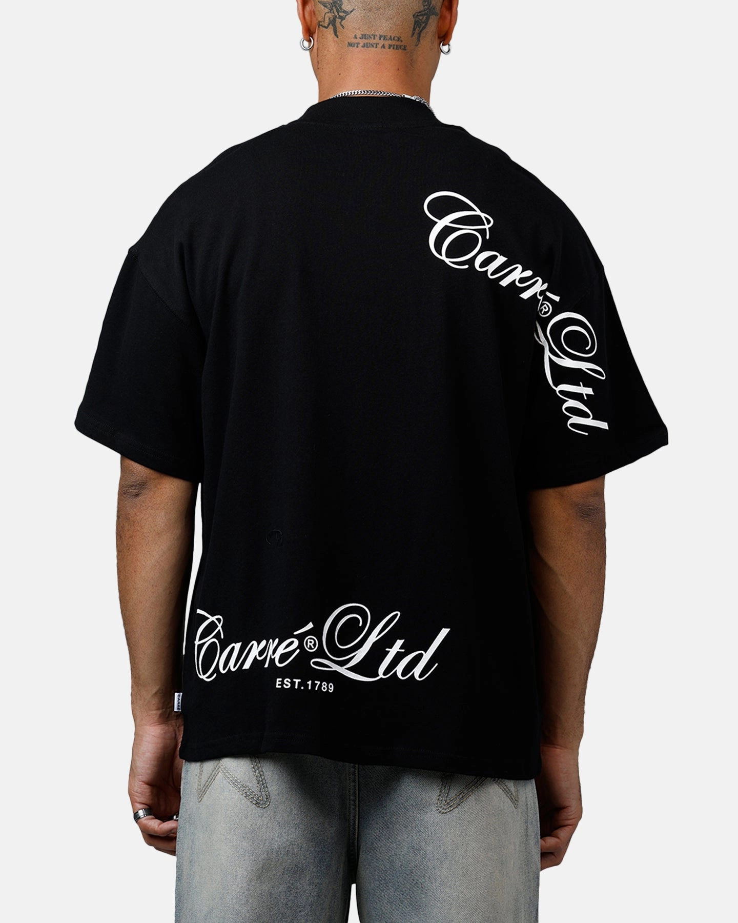 3D Spacer Fabric WideNeckline Carre Side Script Oversized T-Shirt Black/White
