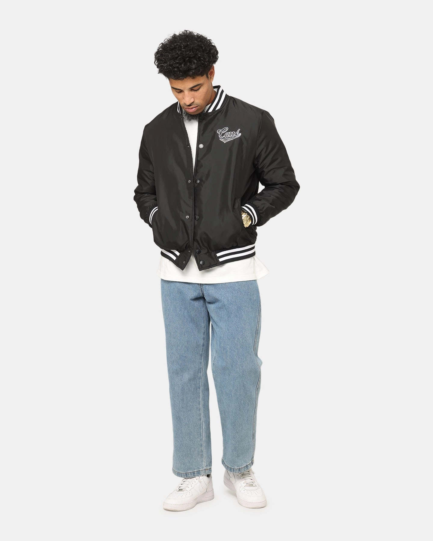 Down Filled Carre Team Puffer Varsity Jacket Black/White