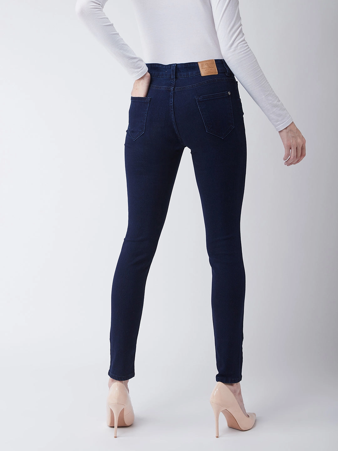 Women's Navy-Blue Skinny-Fit High-Rise Knee-Slit Stretchable Denim Jeans Weekend Getaway Outdoor Adventure Picnic Style Evening Stroll Comfy