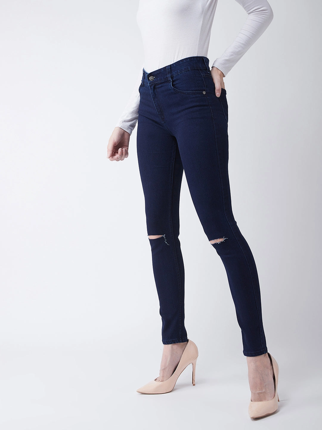 Traveler Gear Nature Lover Night Out Neutral Outfit Women's Navy-Blue Skinny-Fit High-Rise Knee-Slit Stretchable Denim Jeans