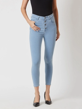 Women's Light Blue Skinny High-Rise Distressed Cropped Denim Jeans Routine Wear
