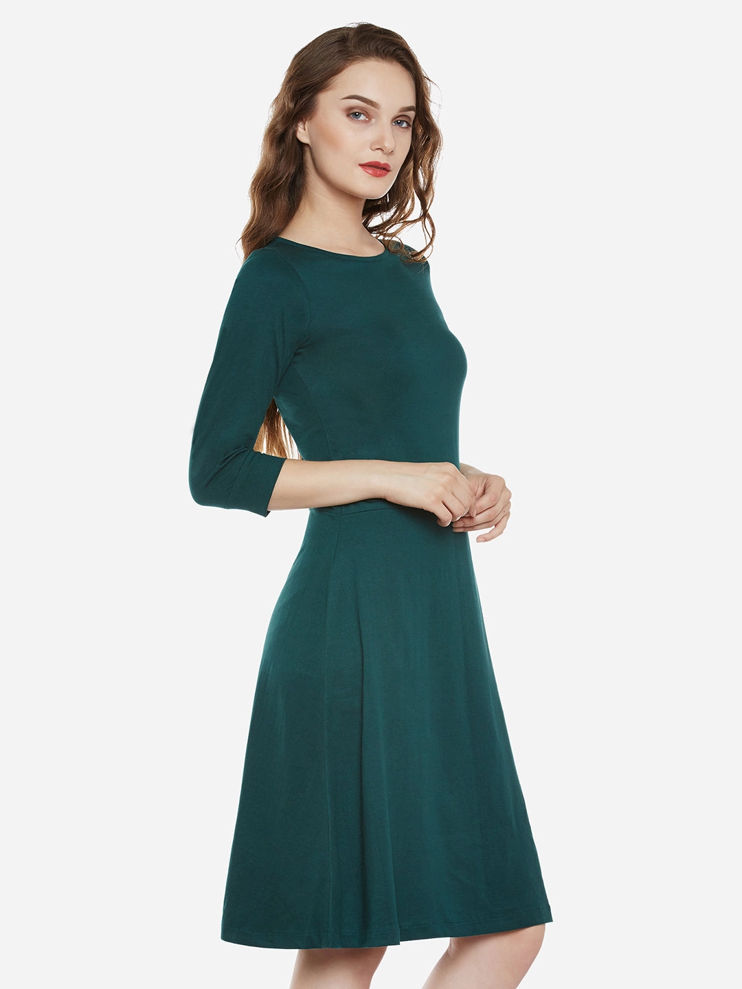 Women's Green Cotton Round Neck 3/4 Sleeve Solid Mini Skater Dress Elegant Everyday Body Safe