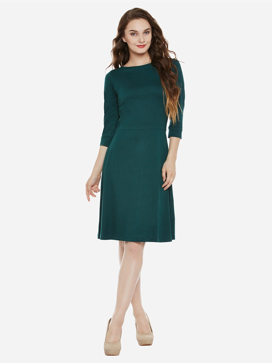 Women's Green Cotton Round Neck 3/4 Sleeve Solid Mini Skater Dress Insulating-Lining