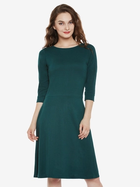 Hidden Zipper Coastal Soft Women's Green Cotton Round Neck 3/4 Sleeve Solid Mini Skater Dress