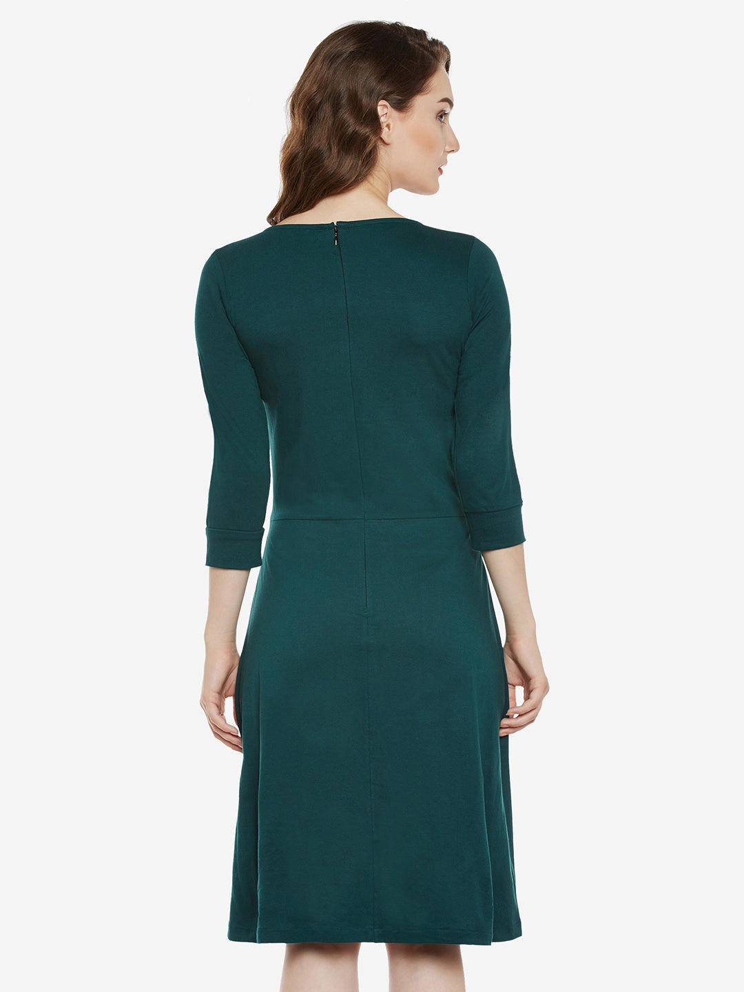 Crinkle Effect Women's Green Cotton Round Neck 3/4 Sleeve Solid Mini Skater Dress