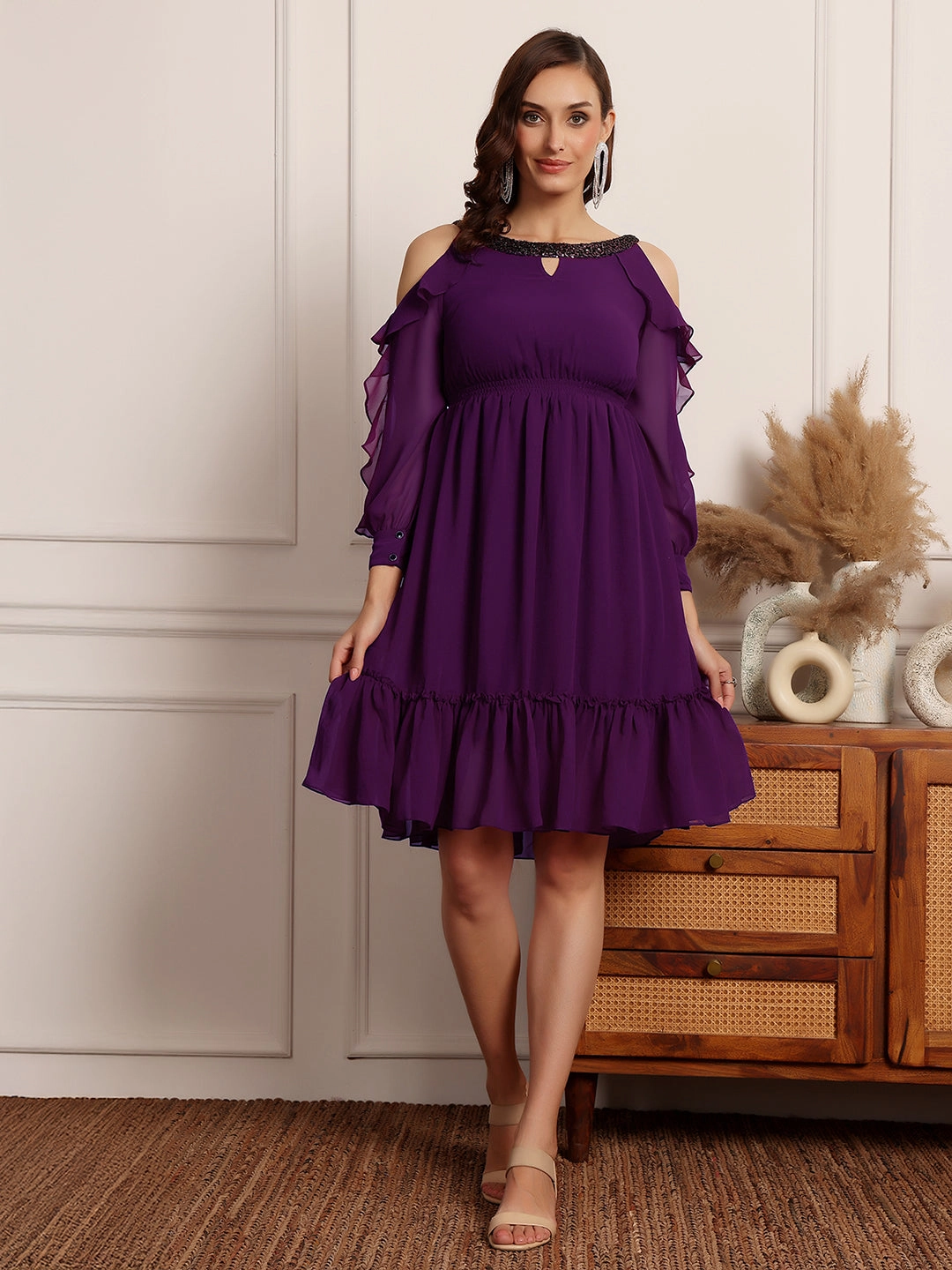 Women's Dark Purple Solid Round Neck Full Sleeves Polyester Ruffled Knee Length Dress Fall Comfort