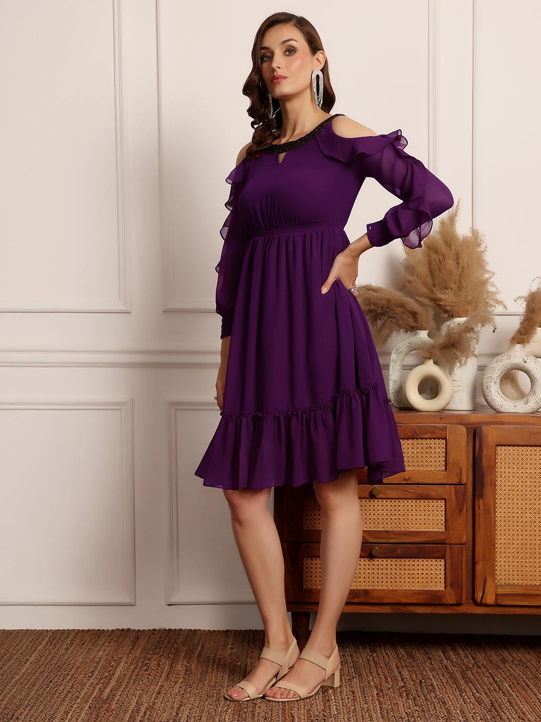 Earth-Tone Women's Dark Purple Solid Round Neck Full Sleeves Polyester Ruffled Knee Length Dress