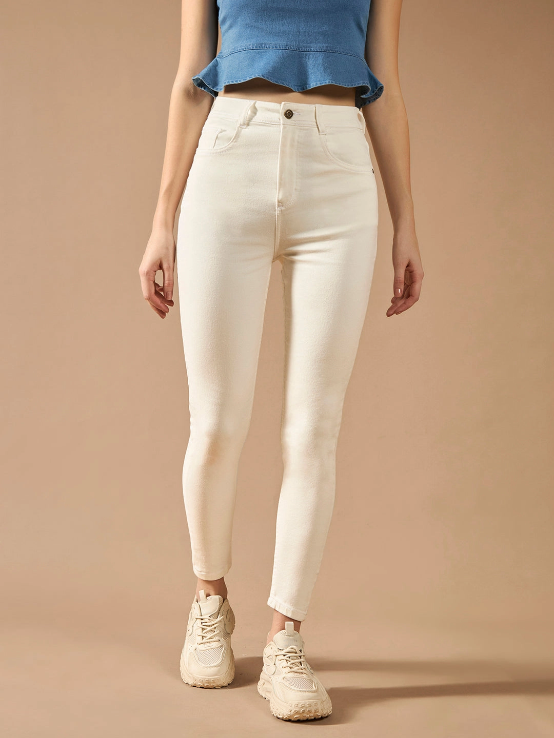 Women's White Skinny Mid-Rise Clean-Look Bleached Regular-Length Stretchable Denim Jeans Street Approved Neutral Base