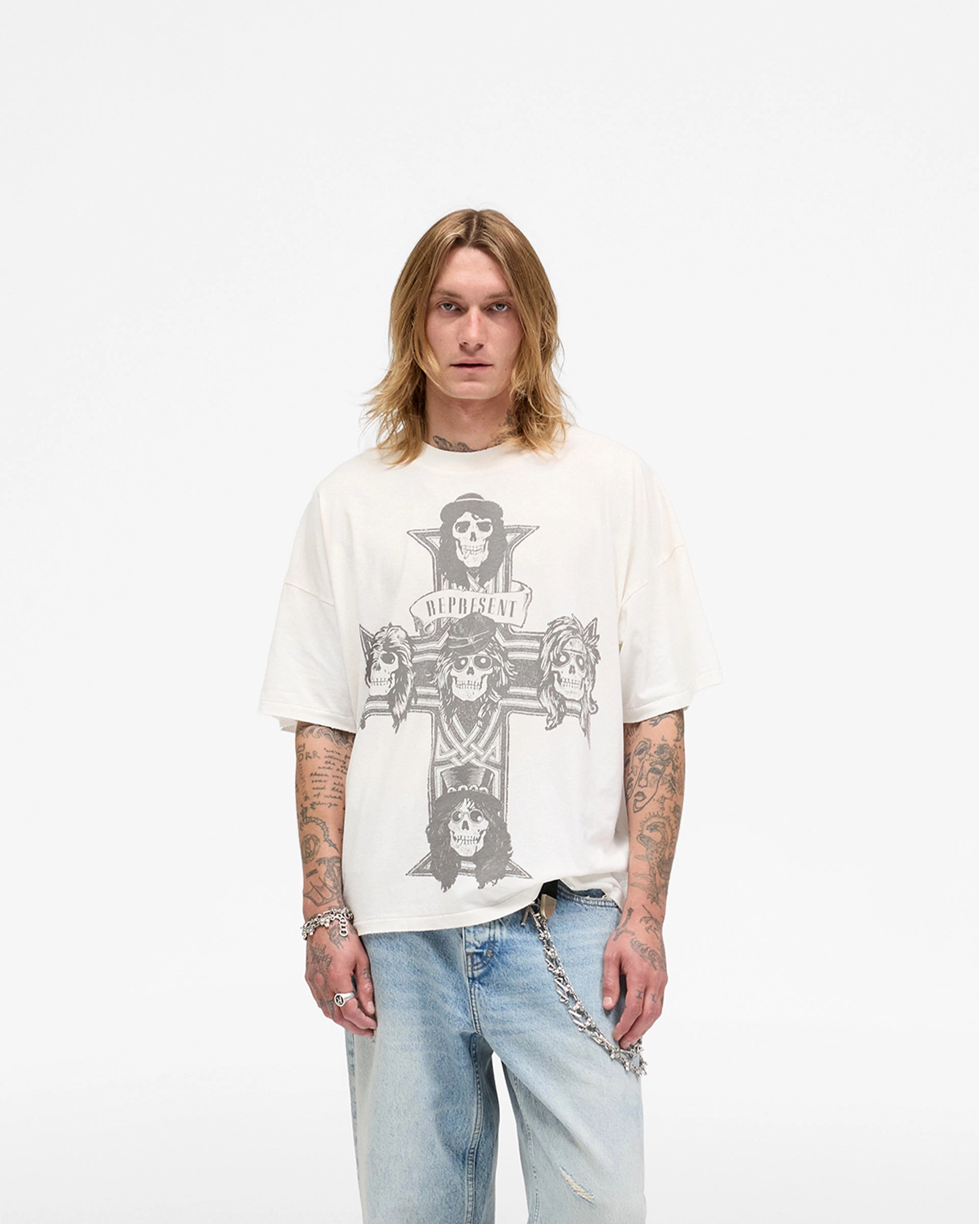 Quick Dry Wear Represent X Guns N' Roses Cross T-Shirt - Washed Ecru