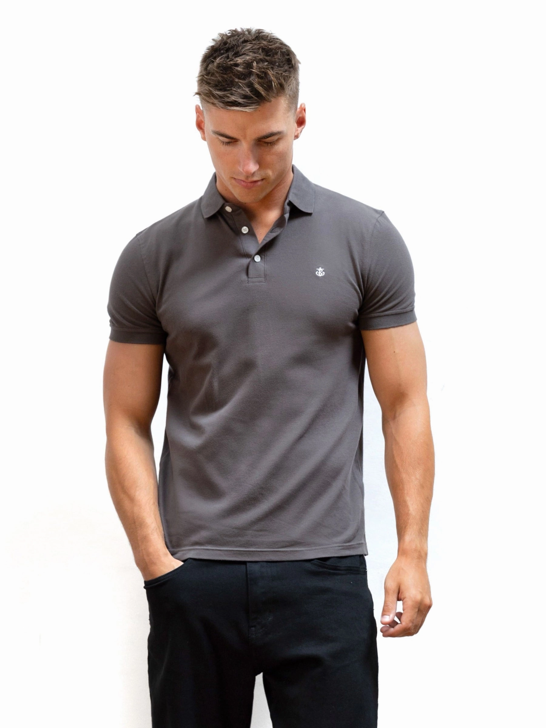 Anchor Polo Shirt - Grey Pocket Detail Double Stitched Seams