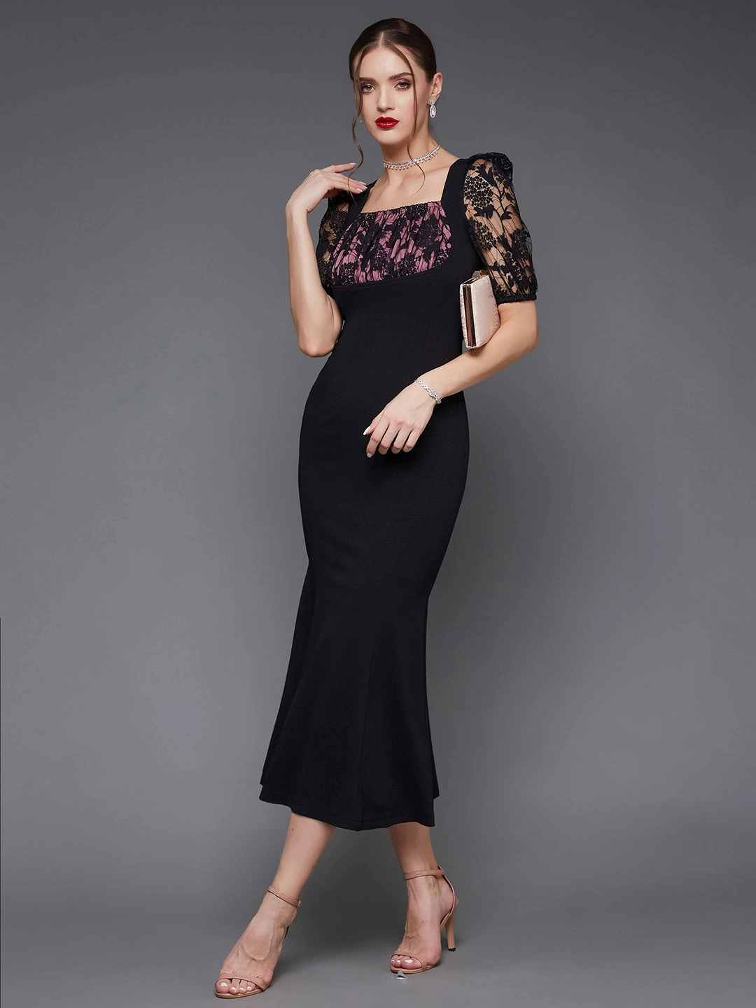 Grab Quick Crease Ease Women's Black Square Puff Sleeve Solid Lace Overlaid Ankle Length Dress