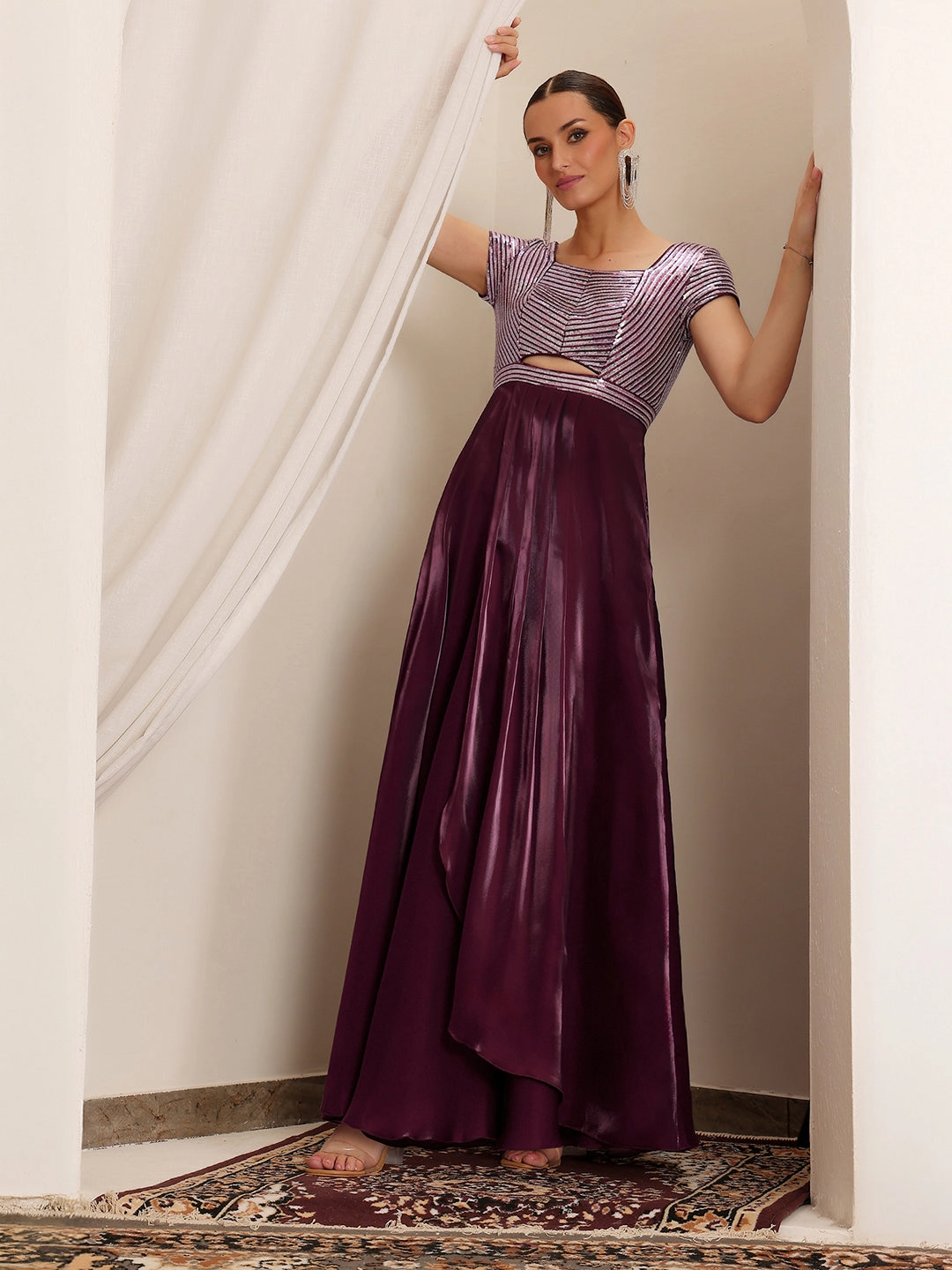 monochrome Tyeb Oppulence Dark Purple Embellished Satin Maxi Dress