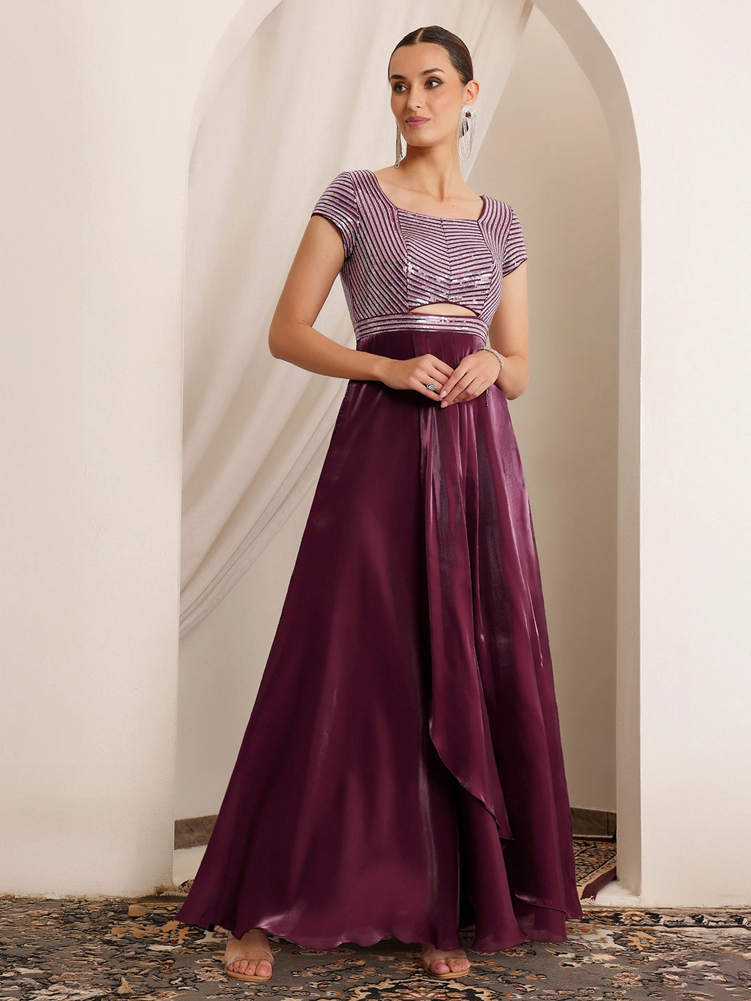 Versatile Look Tyeb Oppulence Dark Purple Embellished Satin Maxi Dress