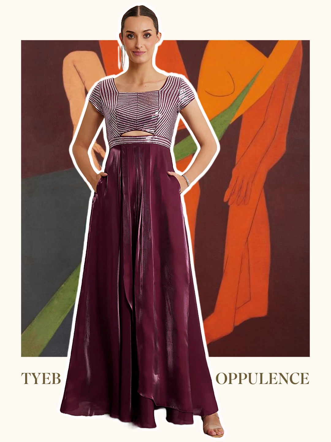Tyeb Oppulence Dark Purple Embellished Satin Maxi Dress Flattering Layer