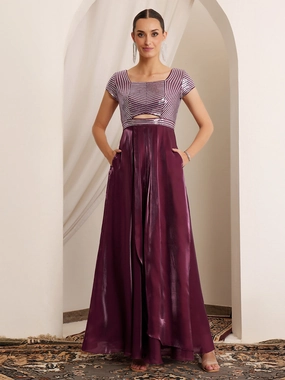 Tyeb Oppulence Dark Purple Embellished Satin Maxi Dress Wrap-Style