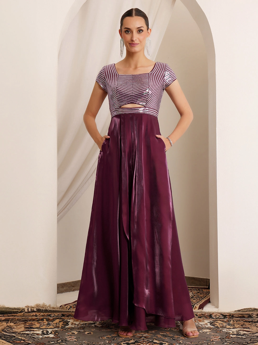 Tyeb Oppulence Dark Purple Embellished Satin Maxi Dress Wrap-Style