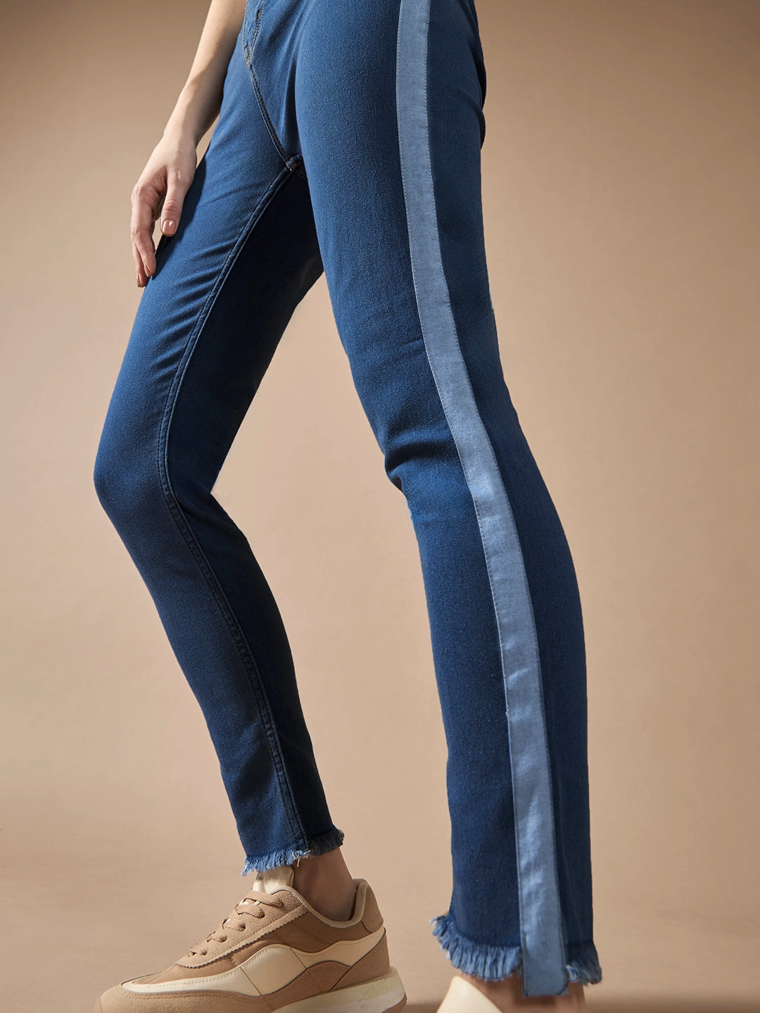 Women's Blue Skinny High-Rise Clean-Look Fringe And Silky Denim Tape Detailing Cropped Denim Jeans No Bulk Seam Design Traveler Gear Morning Stroll