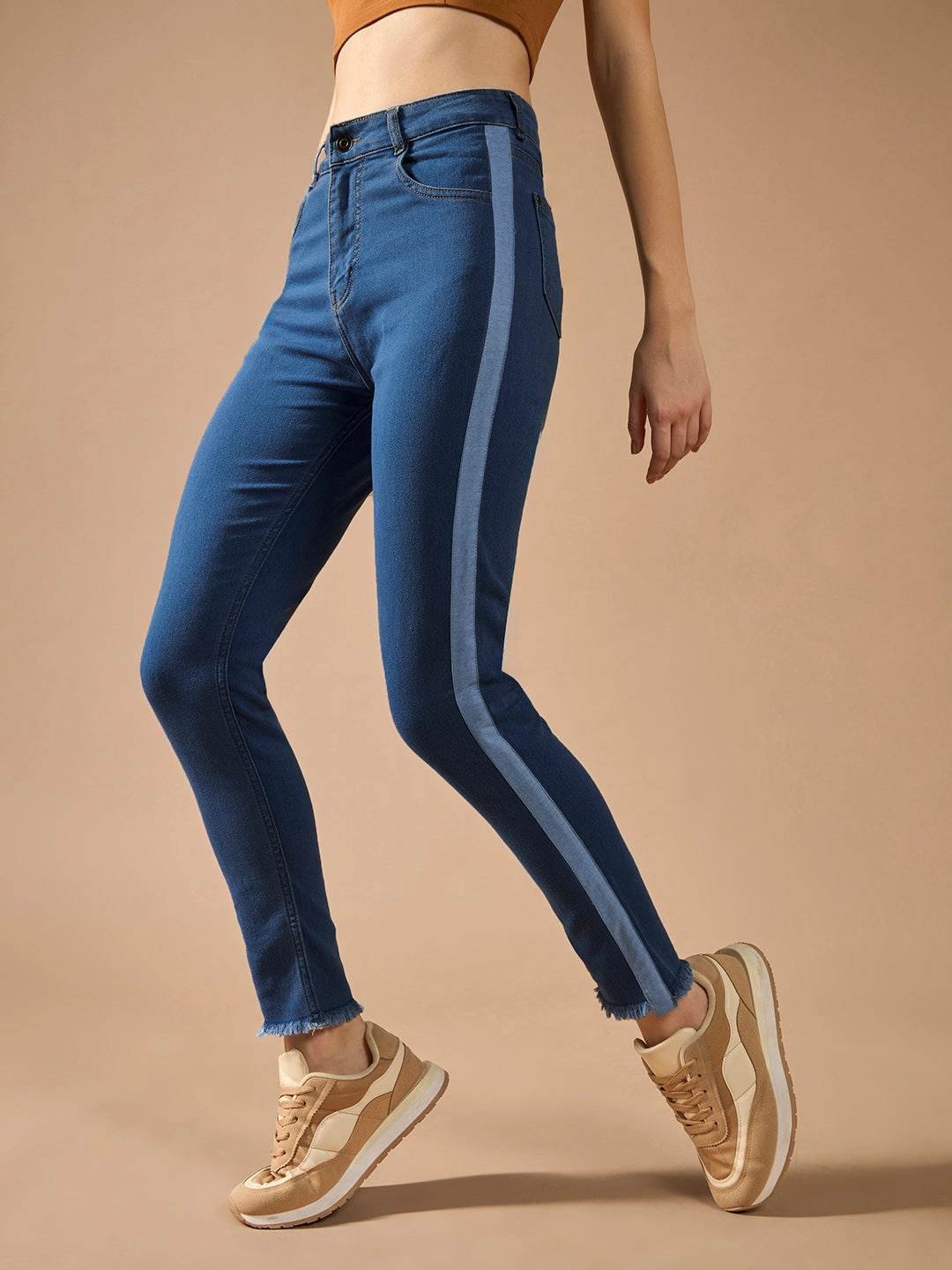 Smooth zipper closure Functional Comfort Women's Blue Skinny High-Rise Clean-Look Fringe And Silky Denim Tape Detailing Cropped Denim Jeans