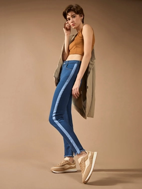 Women's Blue Skinny High-Rise Clean-Look Fringe And Silky Denim Tape Detailing Cropped Denim Jeans Date Night Loose Vintage Lover