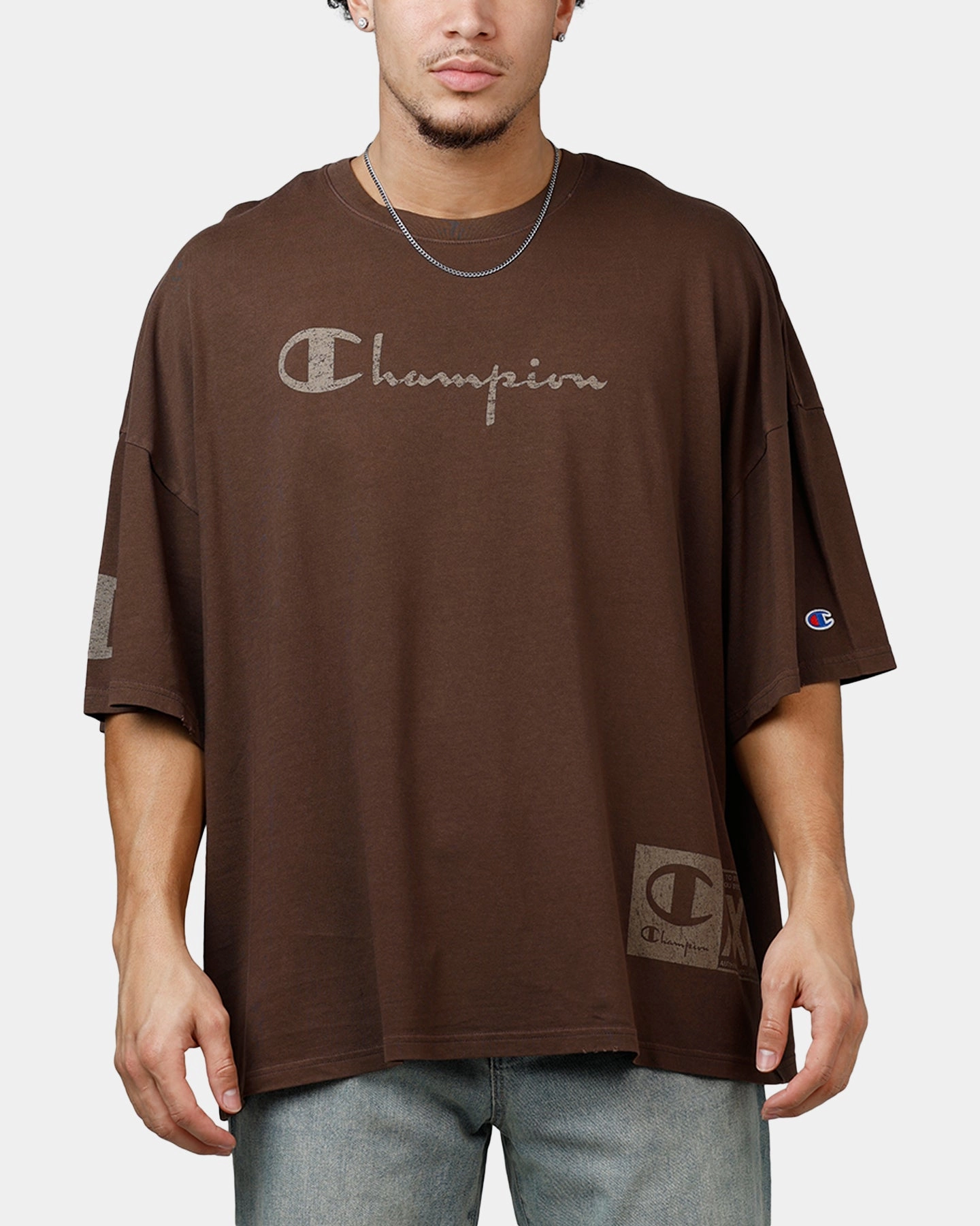 Champion Mega Jocktag Scrip T-Shirt Chocolate NonIrritatingTags Garment Washed Softness