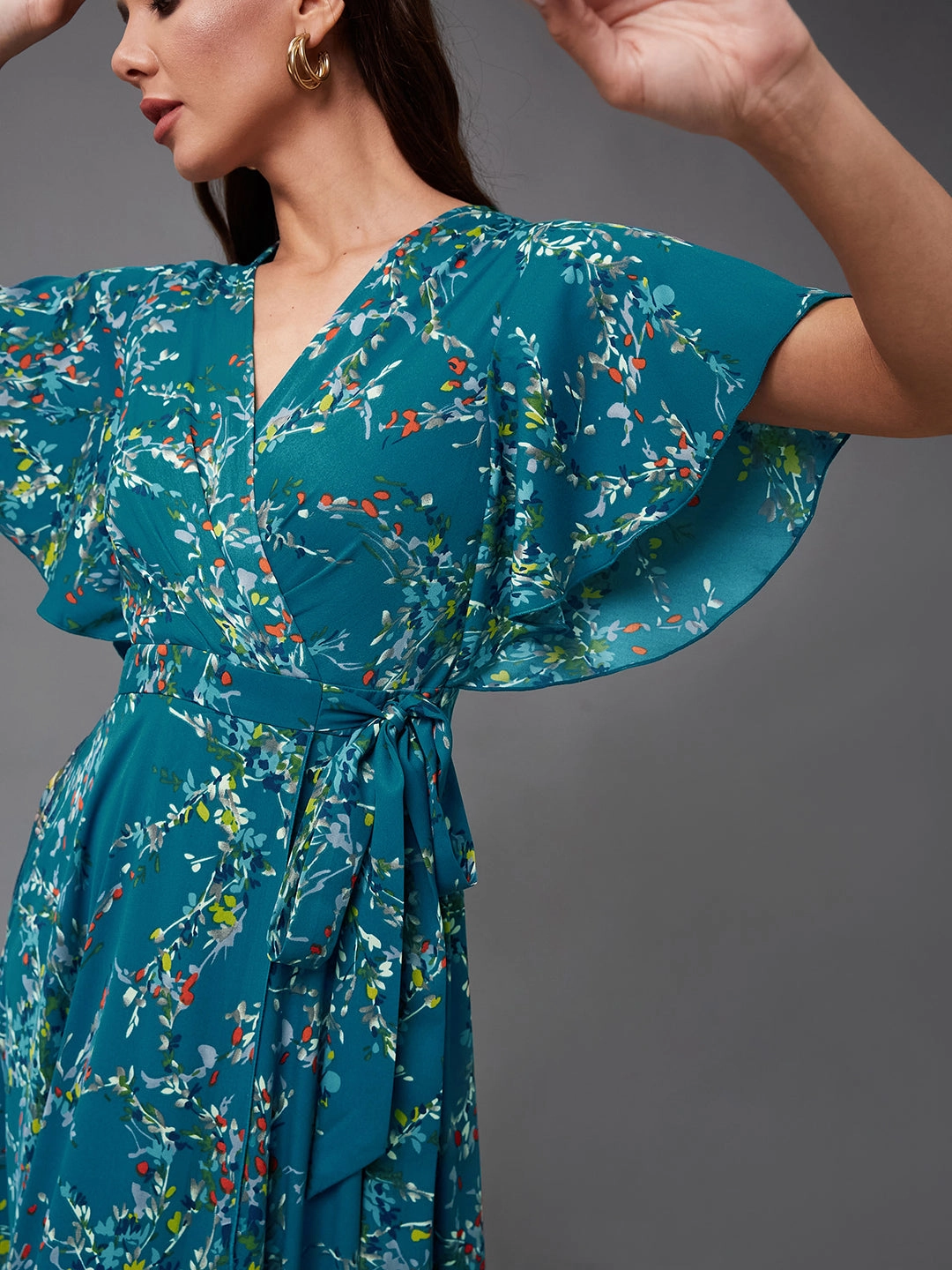 Women's Multicolored-Base-Turquoise V-Neck Half Sleeve Floral Wrap Crepe Maxi Dress High Waist Pleated-Texture