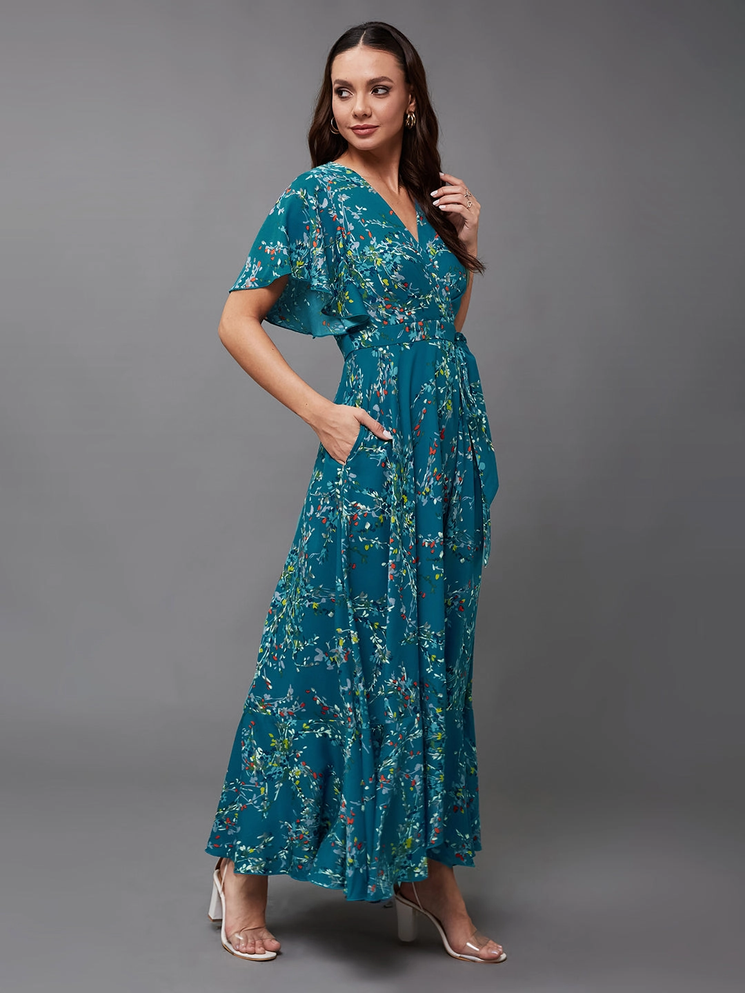 Chic and Cozy Wear Women's Multicolored-Base-Turquoise V-Neck Half Sleeve Floral Wrap Crepe Maxi Dress