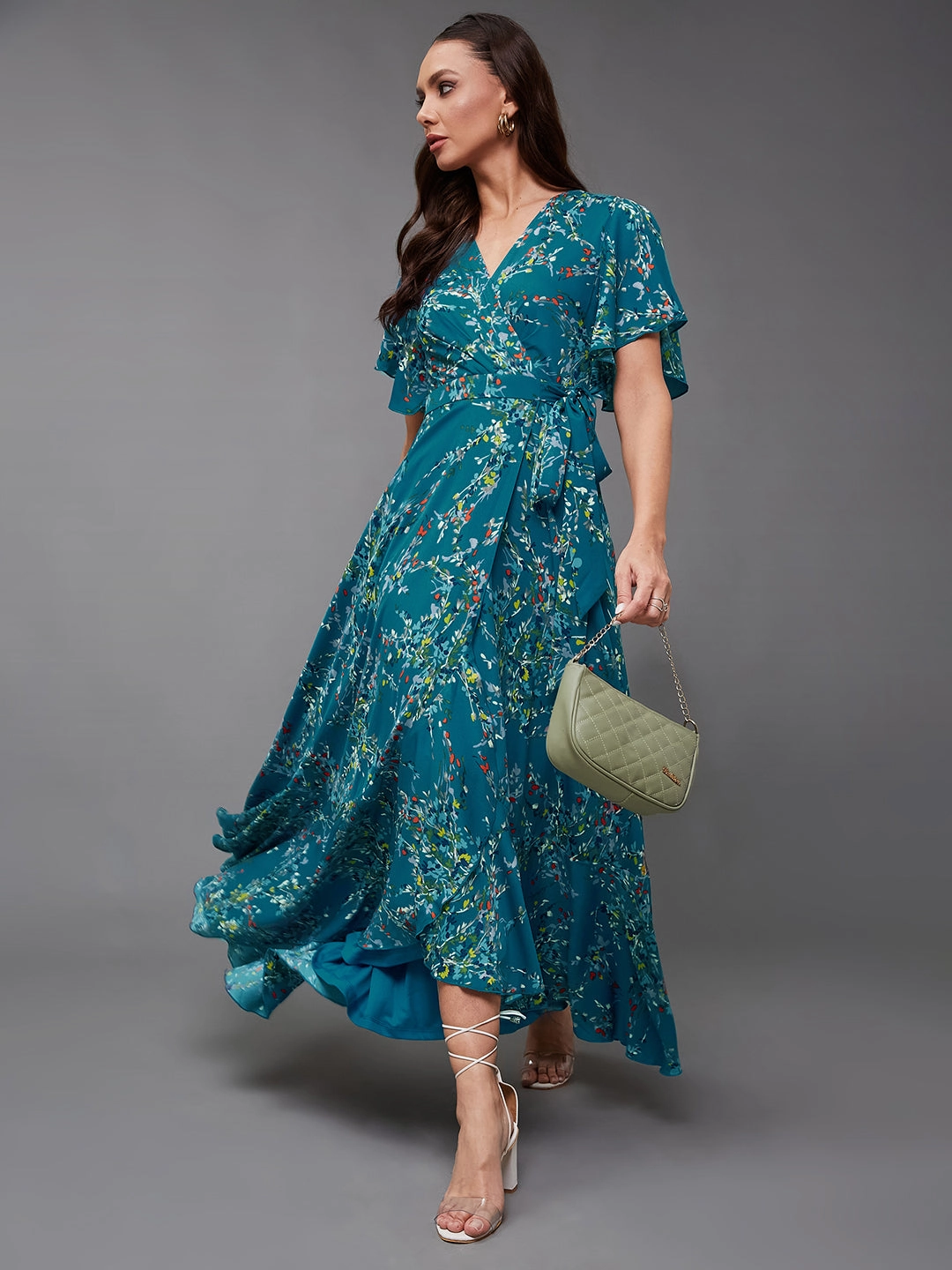 Bold Mood Cute Glow Women's Multicolored-Base-Turquoise V-Neck Half Sleeve Floral Wrap Crepe Maxi Dress