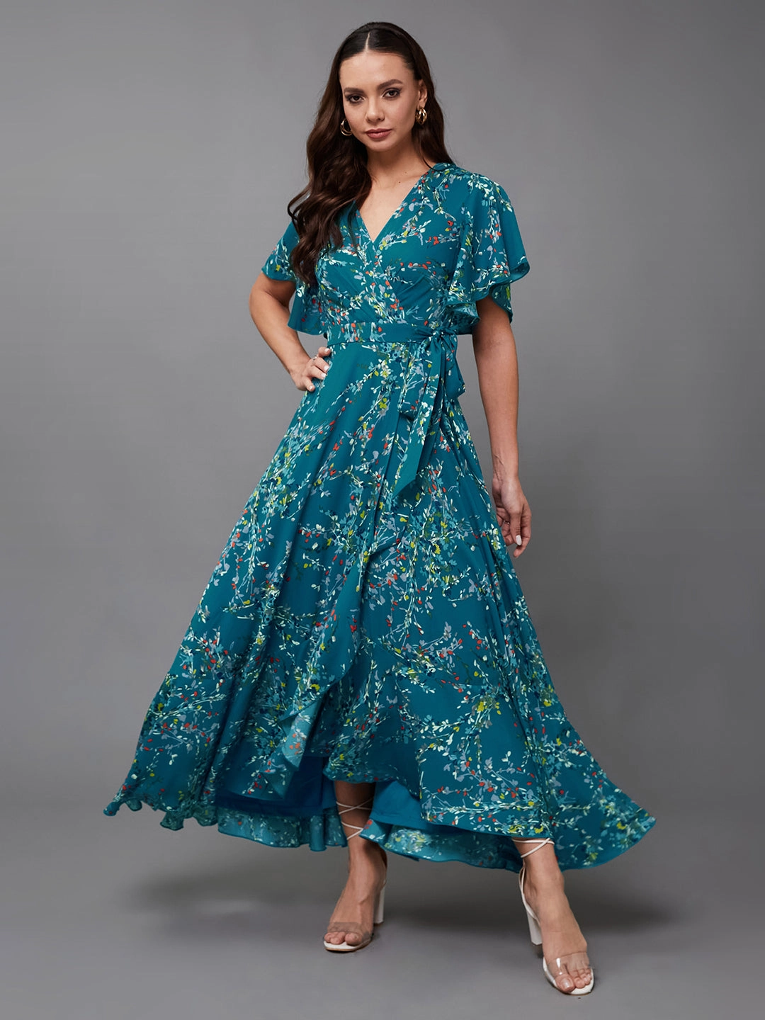 Women's Multicolored-Base-Turquoise V-Neck Half Sleeve Floral Wrap Crepe Maxi Dress Dreamy Motion