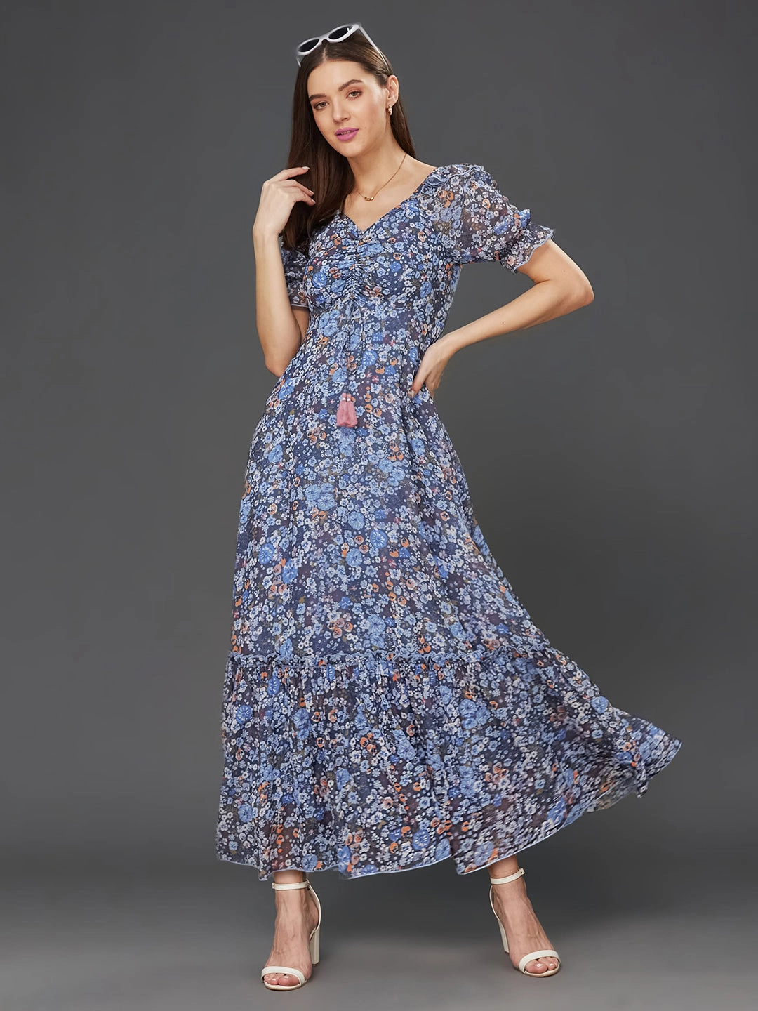 Fall Ready Quiet Glow Women's Multicolored-Base-Navy Blue V-Neck Puff Sleeve Floral Ruching Ankle-Length Dress