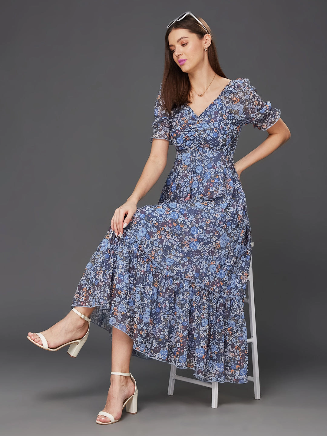 Women's Multicolored-Base-Navy Blue V-Neck Puff Sleeve Floral Ruching Ankle-Length Dress Cotton Touch