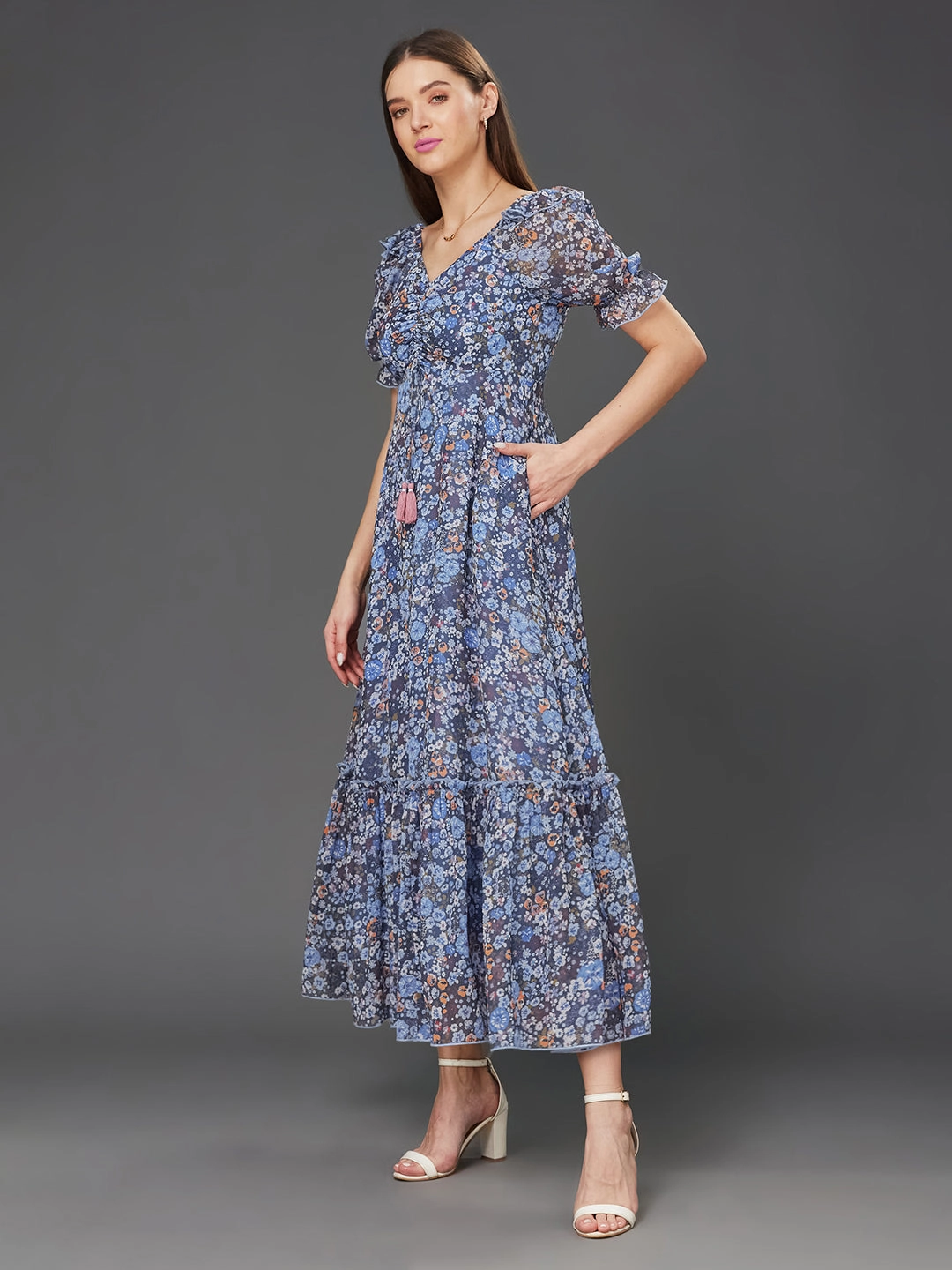 Women's Multicolored-Base-Navy Blue V-Neck Puff Sleeve Floral Ruching Ankle-Length Dress Gathered-Detail