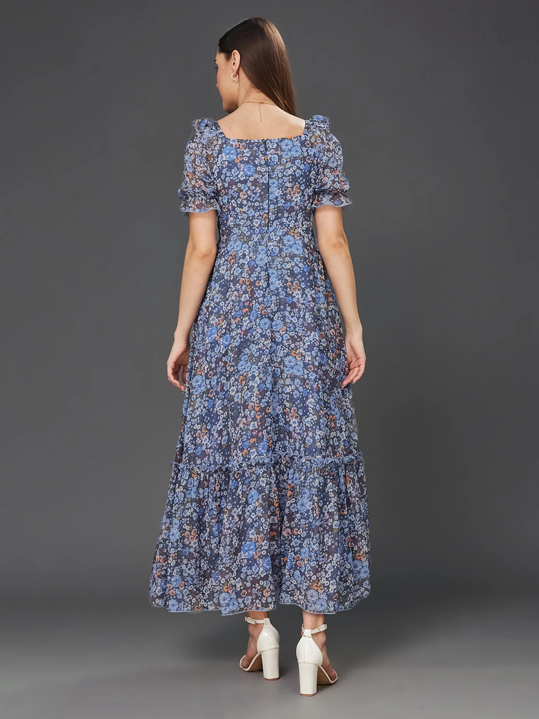 Vibrant Colors Versatile Layers Women's Multicolored-Base-Navy Blue V-Neck Puff Sleeve Floral Ruching Ankle-Length Dress
