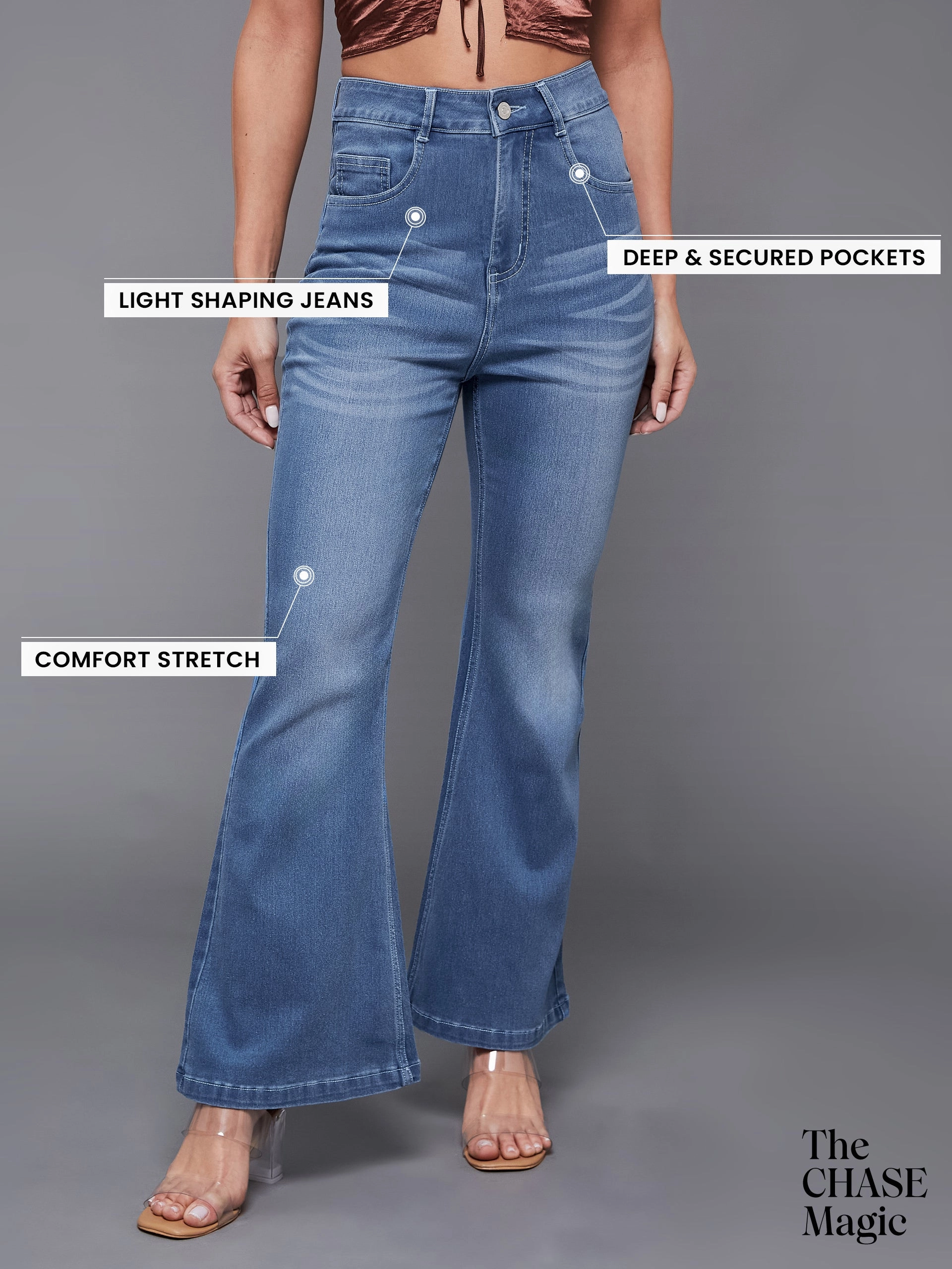 CHASEshape? Mid-Blue Bootcut High-Rise Stretchable Denim Jeans Mood Fit Comfy Silhouette