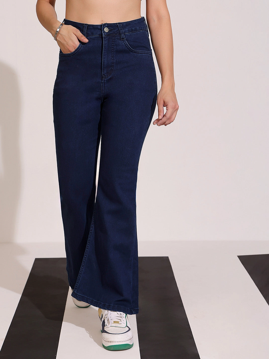 CHASEshape? Navy Blue Bootcut High Rise Clean Look Regular Length Stretchable Shaping Denim Jeans Office Wear Chill Outfit Date Night Lifestyle Piece