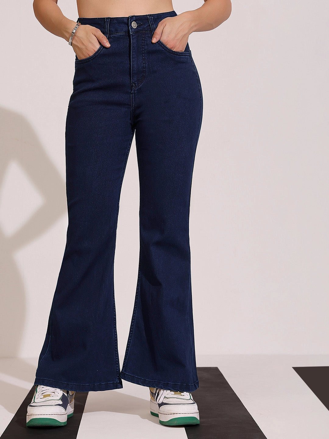 CHASEshape? Navy Blue Bootcut High Rise Clean Look Regular Length Stretchable Shaping Denim Jeans Sustainable Road Trip