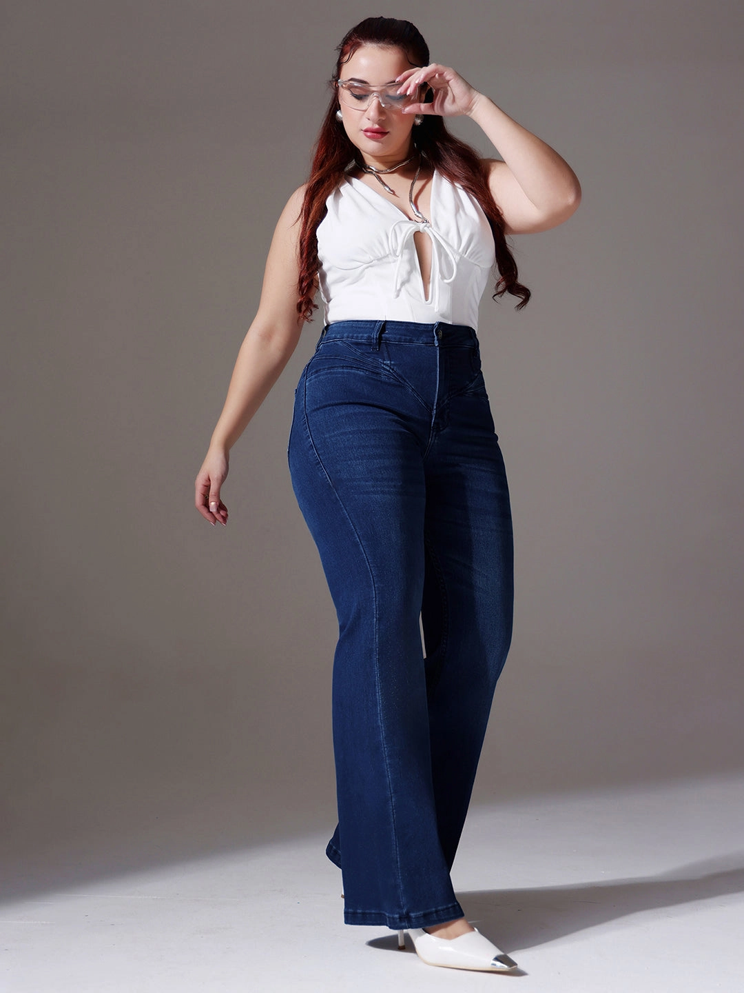 CHASEshape? Navy-Blue Bootcut High-Rise Clean-Look Stretchable Denim Jeans Relaxed Style Work Ready Outdoor Enthusiast Basic Attire