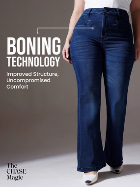 Minimalist Pocket Design CHASEshape? Navy-Blue Bootcut High-Rise Clean-Look Stretchable Denim Jeans