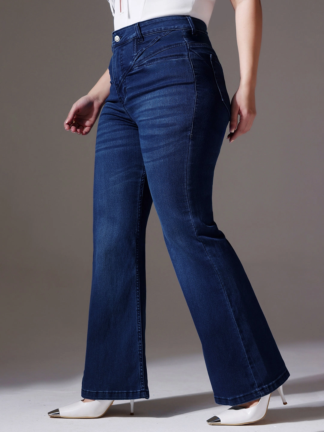 CHASEshape? Navy-Blue Bootcut High-Rise Clean-Look Stretchable Denim Jeans All Round Piece Quick Dry Weave Technology