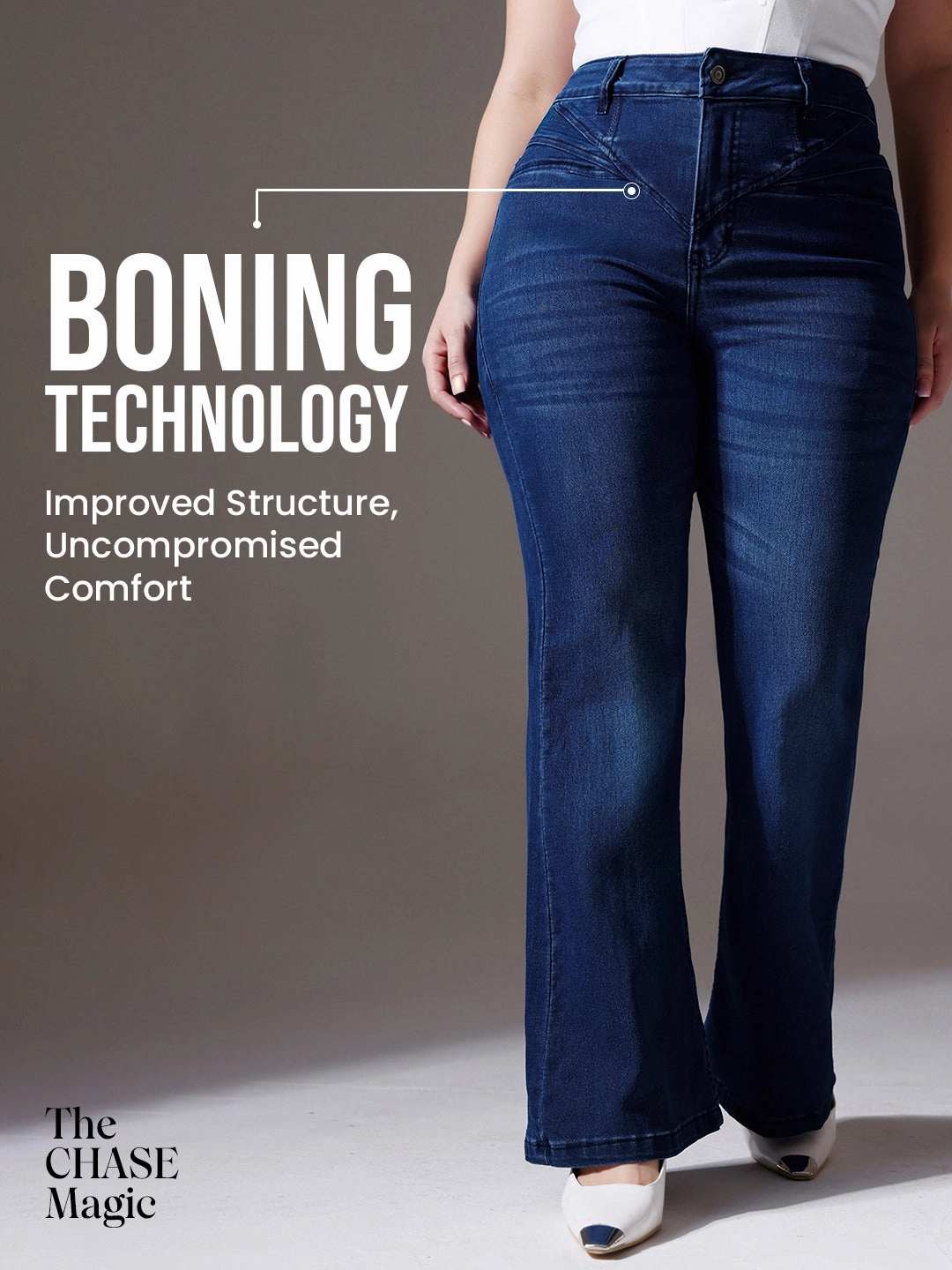 Minimalist Pocket Design CHASEshape? Navy-Blue Bootcut High-Rise Clean-Look Stretchable Denim Jeans