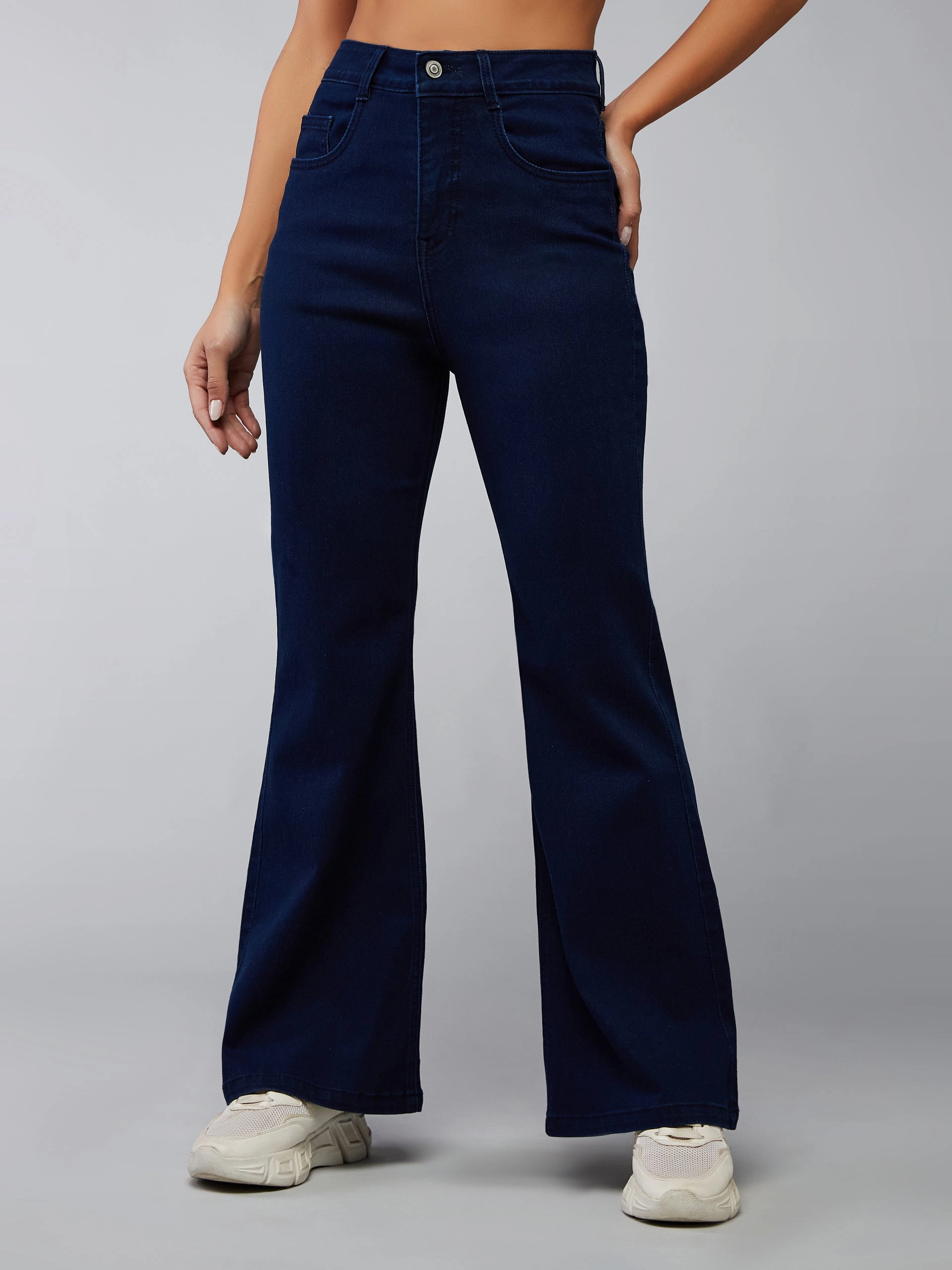 CHASEshape? Navy-Blue Bootcut High-Rise Denim Jeans Minimalist Trendy Everyday Wide Leg Silhouette