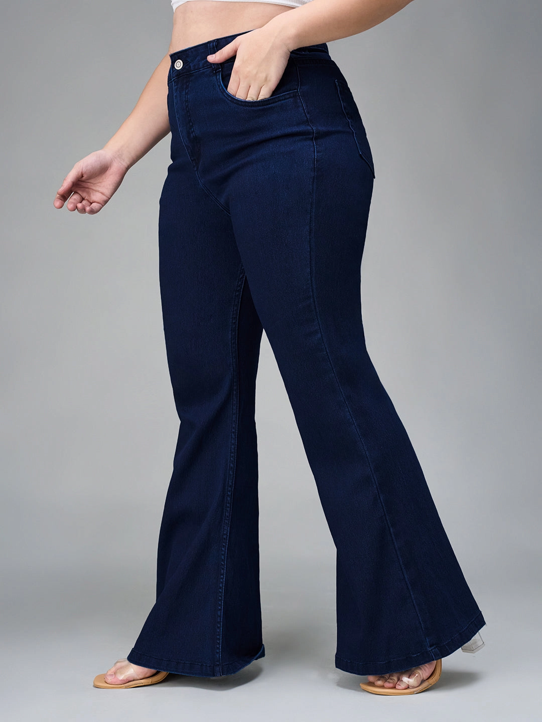 CHASEshape? Navy-Blue Bootcut High-Rise Stretchable Denim Jeans Simple Touch Couple Look Lightweight