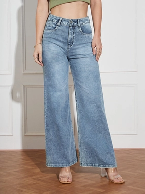 CHASEshape? Women's Light Blue High Rise Clean Look Regular-Length Stretchable Denim Wide Leg Shaping Jeans Anti Snag Thread Technology