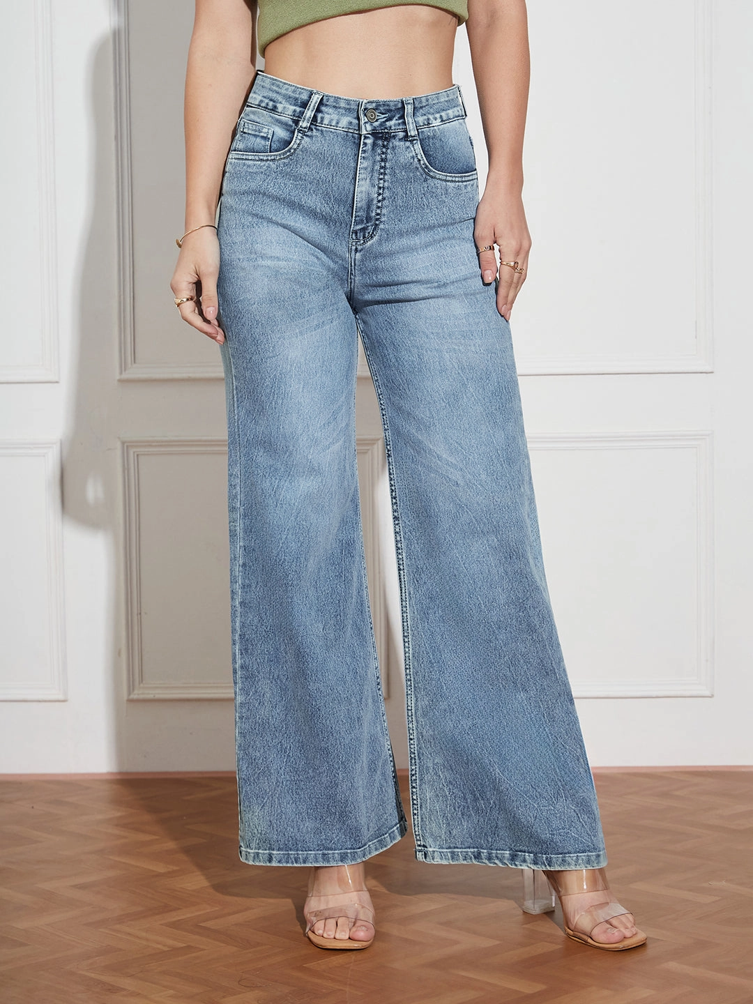 CHASEshape? Women's Light Blue High Rise Clean Look Regular-Length Stretchable Denim Wide Leg Shaping Jeans Anti Snag Thread Technology